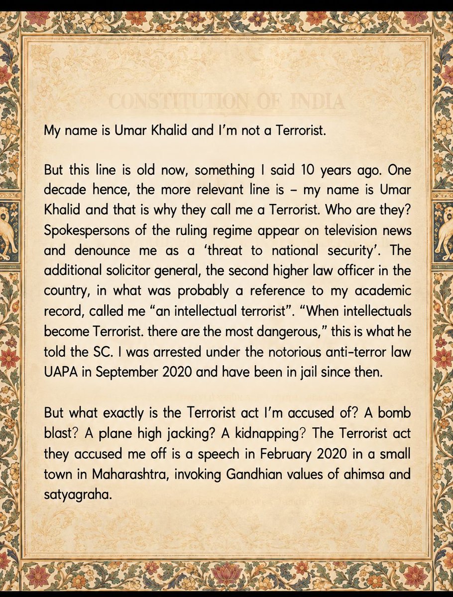 kunalkamra88's tweet photo. You’ve heard a lot about Umar Khalid through the media. But amid the media witch-hunt against him, there has been very little space for him to speak for himself, especially since he’s spent the last six years in jail.

So I want to tell you a little about my friend Umar, in his own words, as shared with his family and friends.