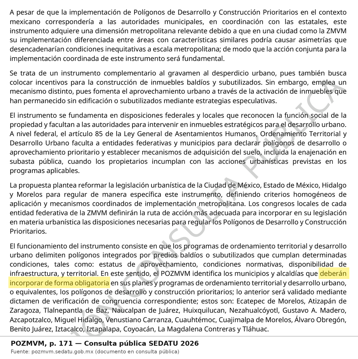 PGDCDMX's tweet photo. ¿Que no contempla obligar a vender? Subsecretario Iracheta, lea su propio documento. P. 170 del #POZMVM: si no construyes en 2 a 4 años, «la autoridad puede obligar a la venta forzosa de la propiedad en subasta pública». P. 171: 13 alcaldías «deberán incorporar de forma obligatoria» esos polígonos y «procederá la enajenación forzosa del inmueble mediante subasta pública». No es una «experiencia internacional». Es su texto, y lo firmó @SEDATU_mx. @ClaraBrugadaM
