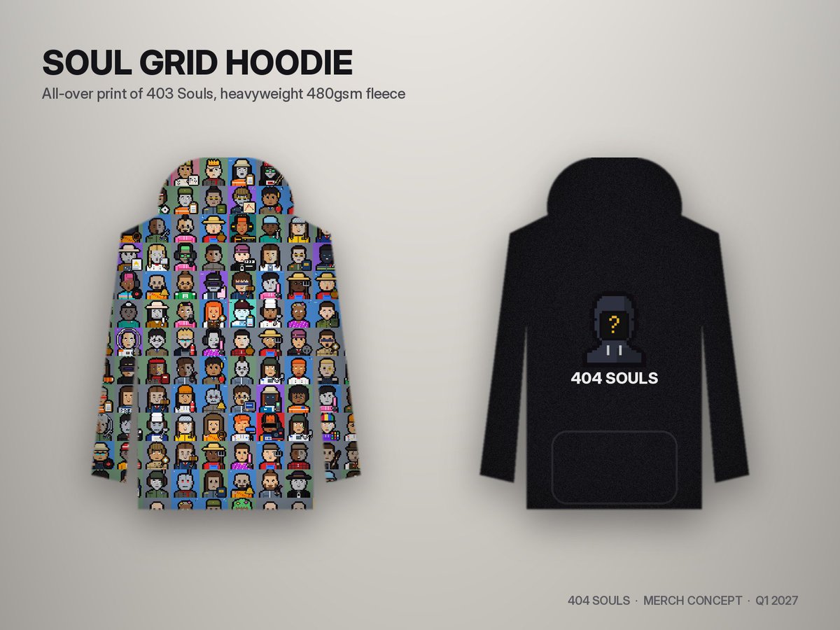 404SoulsNFT's tweet photo. Set 01: The Last Broadcast is coming off the screen.

Hoodies covered in Souls, bomber jackets with patches, plush, keychains and vinyl figures.

Planned for Q1 2027. Tell us which Soul should drop first.

#404SoulsNFT #Pixelart #Merch https://t.co/Lds24g5BU4