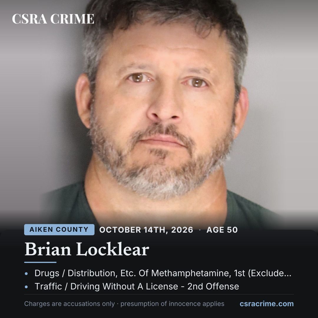 csracrime's tweet photo. Arrest in Aiken County: Brian Locklear. Booking records list a top charge of Drugs / Distribution, Etc. Of Methamphetamine, 1st. Presumption of innocence applies.
#CSRACrime #Aiken
https://t.co/2LEGMJxk5l https://t.co/BjvJkrfGTo