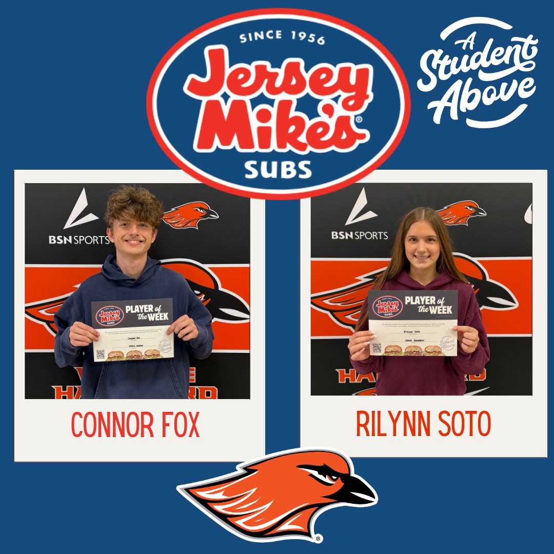 HUHS_Athletics's tweet photo. Congratulations to Boys Soccer Athlete, Connor Fox and Girls Volleyball Athlete, Rilynn Soto of being named the Jersey Mike's Player of the Week. @jerseymikes #ASTUDENTABOVE @HUHS_BSoccer @HUHS_Girls_VB https://t.co/99EymMndZP