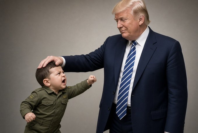 A photo showing a man resembling Donald Trump in a dark suit and blue tie patting a small child in a green military-style uniform on the head; the child has a raised fist and an open-mouthed expression.