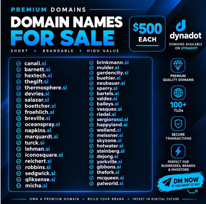 ArinKhandelwal7's tweet photo. 🔥 Premium .SI Domains for Sale!

💰 $500 each | 100+ TLDs
🌐 Available on Dynadot
📩 Interested? DM me to buy!
🚀 Grab your premium domain today!

#DomainforSale #Domain #DomainInvestor #SI https://t.co/e78aWC6Iwm