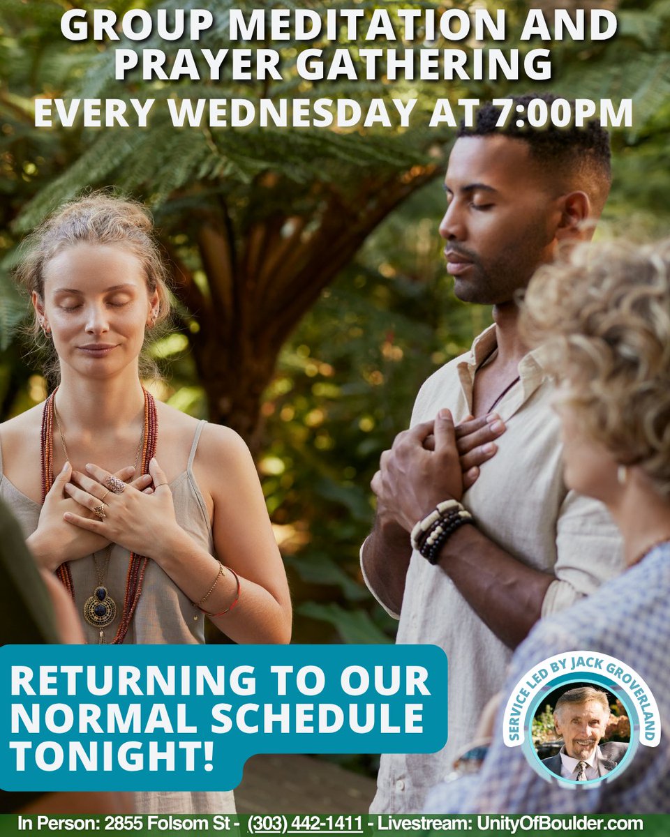 UnityBoulder's tweet photo. Our Group Meditation and Prayer Gathering returns to our normal schedule tonight. Jack Groverland leads the service every Wednesday at 7 PM. Attend at 2855 Folsom St or via livestream. How do you find peace today? Reply below.

#boulder #meditation https://t.co/paWvRcBbjB