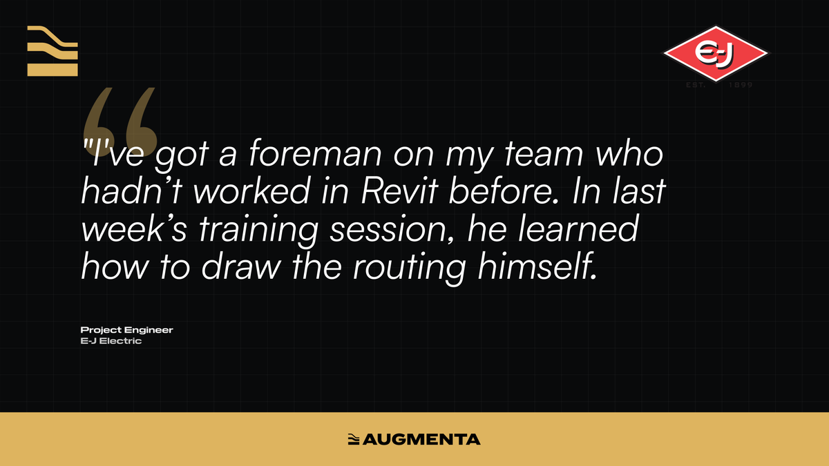 AugmentaAI's tweet photo. “Watching him pick this up in one sitting made me see the real potential.”

An E-J Project Engineer shared how a foreman with no Revit experience learned to draw routing himself in one training session.

That’s exactly the kind of accessibility we want to keep building into ACP. https://t.co/6MvecyNLyn