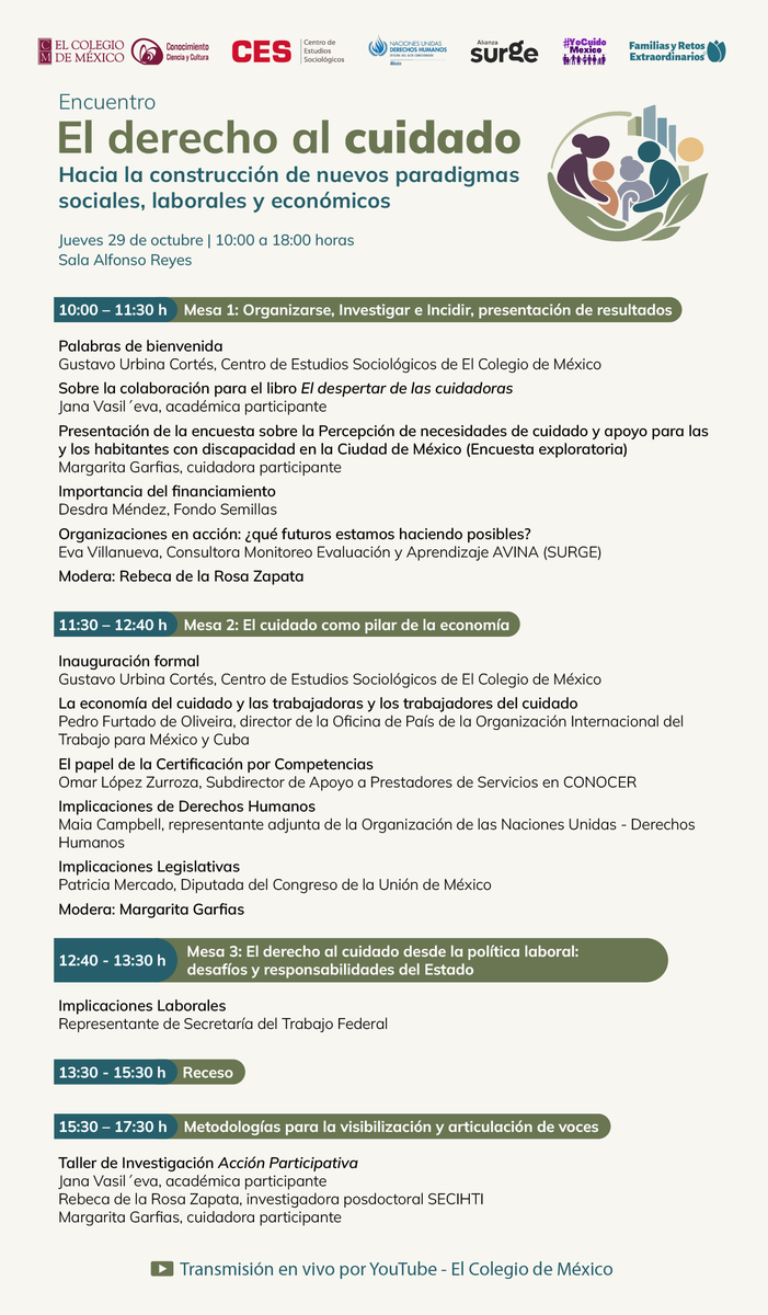 CES_COLMEX's tweet photo. Te compartimos el programa del encuentro "El derecho al cuidado: hacia la construcción de nuevos paradigmas sociales, laborales y económicos". 

Aparta tu agenda y asiste el próximo 📅 jueves 29 de octubre a las 10:00 horas en la 📍 sala Alfonso Reyes de @elcolmex. https://t.co/QFY6XRngFR