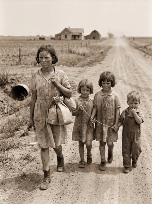 KateriSeraphina's tweet photo. 1936. Lorsque les autorités fermèrent l'orphelinat de Tulsa, en Oklahoma, durant l'été aride de 1936, chaque enfant reçut un sac en papier et l'adresse de proches susceptibles — ou non — de les accueillir. Sarah Mitchell, âgée de douze ans, possédait l'adresse d'une tante vivant dans une ferme située à une soixantaine de kilomètres de là ; elle était accompagnée de trois jeunes enfants que personne n'avait réclamés : deux sœurs de six et sept ans, et un garçon de cinq ans qui suçait encore son pouce. La tante avait accepté d'héberger Sarah, mais pas quatre enfants. Sarah attacha leurs sacs entre eux avec de la ficelle, remplit un bocal d'eau et guida son petit cortège le long de la route miroitant sous la chaleur, chantant pour les encourager à avancer. La première nuit, ils dormirent dans une buse sous la route et, le lendemain, ils se nourrirent de mûres. Lorsqu'ils finirent par atteindre l'allée de la ferme à l'heure du dîner — sales et brûlés par le soleil —, tante Mabel jeta un coup d'œil à ce quatuor qui se tenait par la main et fondit en larmes. « Eh bien, dit-elle en s'essuyant les yeux, je suppose que le Bon Dieu vient de doubler la taille de ma famille. » Elle les accueillit tous les quatre. Ce soir-là, quatre assiettes furent posées sur la table, quatre têtes reposèrent sur des oreillers en plumes, et une jeune fille de douze ans — qui avait parcouru soixante kilomètres portée par l'amour — arriva exactement là où était sa place.
En plein cœur du *Dust Bowl*, une fillette de douze ans reçut un sac en papier, une adresse et aucune garantie d'aide. Mais en voyant trois enfants plus jeunes sans nulle part où aller, elle fit un choix qui allait changer quatre vies à jamais. L'incroyable périple de Sarah Mitchell est une histoire de courage que vous n'oublierez jamais. la Suite dans le premier commentaire