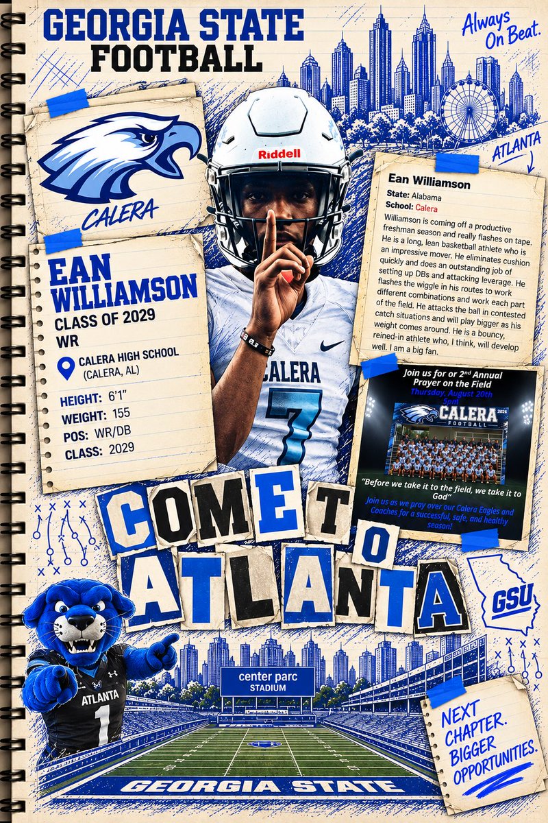 GSUPantherPulse's tweet photo. @Ean_Williamson5 @quonmarshall16 @HallTechSports1 @Calera_FB @CoachRials @ScottRials14 @coachmoncrief_q @AL5AFootball1 @CoachJohnson_TE Ean, LETS DO IT! 10 touchdowns in 7 games as a sophomore, KEEP grinding. Georgia State sees what you are doing. Now come make everybody else wish they had. Come to Atlanta! 

#LightItBlue #NewAtlanta #GSU https://t.co/CWFmczilZ2