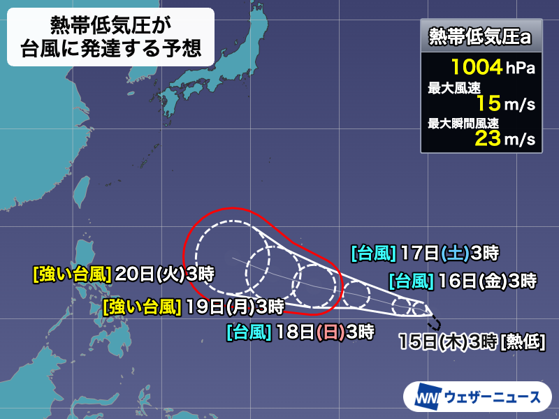 wni_jp's tweet photo. 【台風発生予想】
15日(木)3時現在、マーシャル諸島で発達中の熱帯低気圧について、気象庁は「24時間以内に台風に発達する見込み」と発表。次に台風が発生すると「台風30号」です。

本州のはるか南に達した以降の進路はバラツキが大きく、本州に近づく可能性もあります。
https://t.co/nBCM7ZS52J https://t.co/IaKAnSr4nH