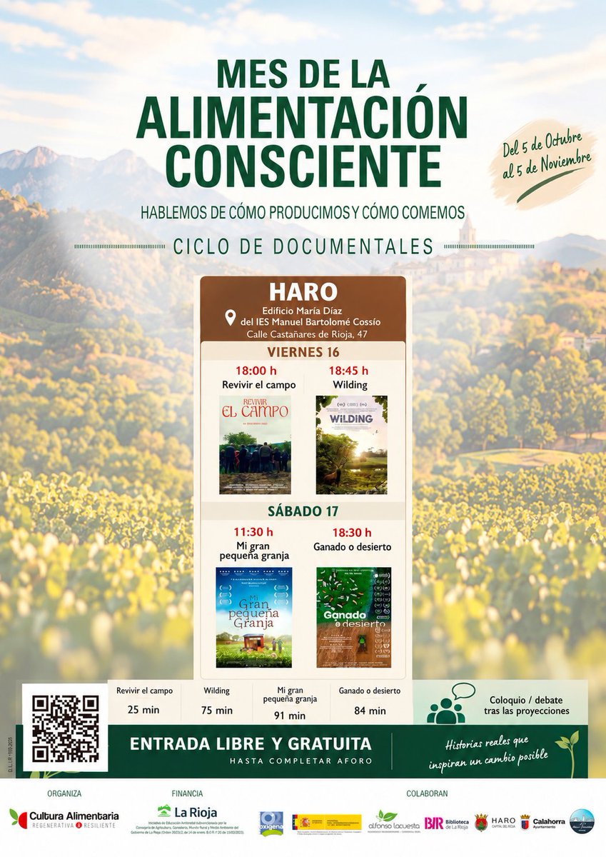CultAlimentaria's tweet photo. ¡Seguimos con el 2.º ciclo de cine documental en Haro dentro del Mes de la Alimentación Consciente! 🎬🌱   

¿Qué hay realmente detrás de los alimentos que consumimos a diario? Te invitamos a descubrirlo a través del cine y a compartir tu visión en los debates posteriores a cada proyección. ¡Tu voz cuenta!   

📍 Lugar: Edificio María Díaz – IES Manuel Bartolomé Cossío (Haro)
🎟️ Entrada: Libre y gratuita hasta completar aforo   

🗓️ PROGRAMACIÓN:   
👉 Viernes 16 de octubre   
• 18:00 h | Revivir el campo, de Diego García-Vega
• 18:45 h | Wilding, de David Allen   
👉 Sábado 17 de octubre   
• 11:30 h | Mi gran pequeña granja, de John Chester (¡ideal en familia!)
• 18:30 h | Ganado o desierto, de Francisco José Vaquero Robustillo   

Al finalizar cada sesión abriremos un coloquio para reflexionar juntos sobre campo, biodiversidad y futuro rural. ¡Te esperamos!   

Toda la información en: https://t.co/Ot5m4re20d   

#Haro #LaRioja #AlimentaciónConsciente #CineDocumental #MedioRural #Agroecología
