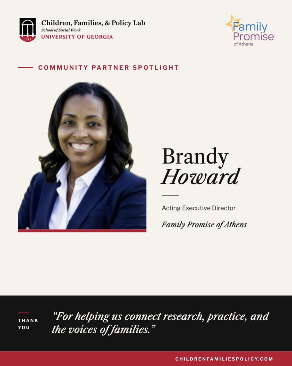 cfpresearchlab's tweet photo. 🌟 Community Partner Spotlight!

We're grateful for Family Promise of Athens and their work supporting families facing housing instability.

💙 Special thanks to Acting Executive Director Brandy Howard for her expertise and partnership in our research!

#UGA #SocialWork https://t.co/j2wMTk1Qmp