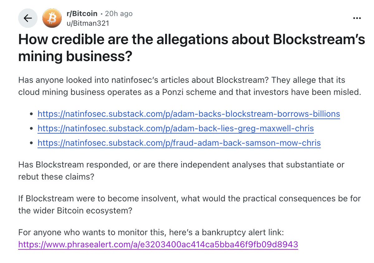 mattkratter's tweet photo. Reddit waking up to the Blockstream ponzi allegations https://t.co/M6Ihay1m23
