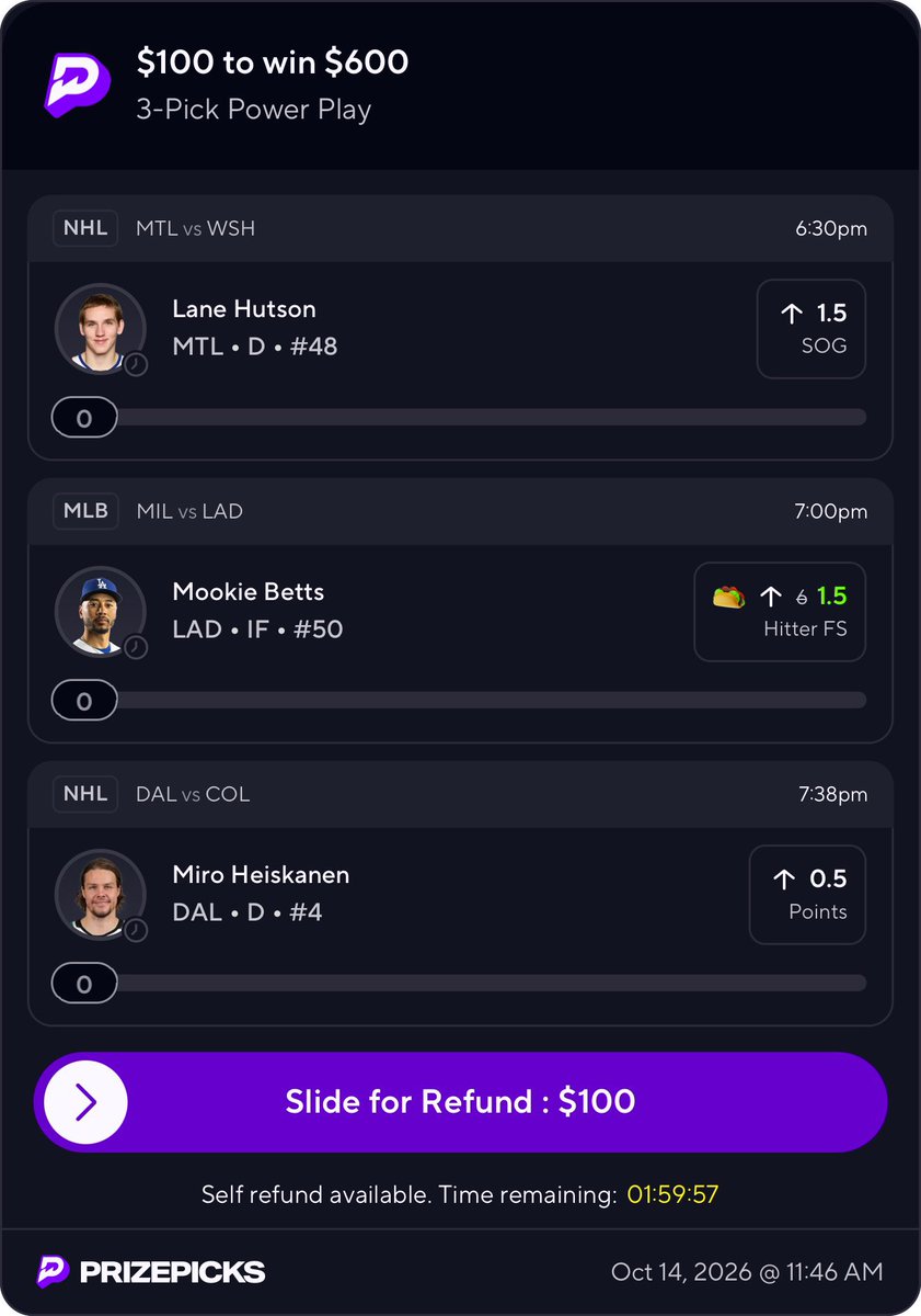 JessicaMHewson's tweet photo. NHL x MLB 3 man with the Mookie taco 🌮💰

Get My Best Plays Here — Link In Bio

Lane Hutson
Mookie Betts
Miro Heiskanen

#GamblingX #NFL #WCBB #NBA #CBB #prizepicks #PROPS #POTD #NHL #picks #CSGO #WNBA #Summerleague @Playbook https://t.co/mn4rbPXaD4
