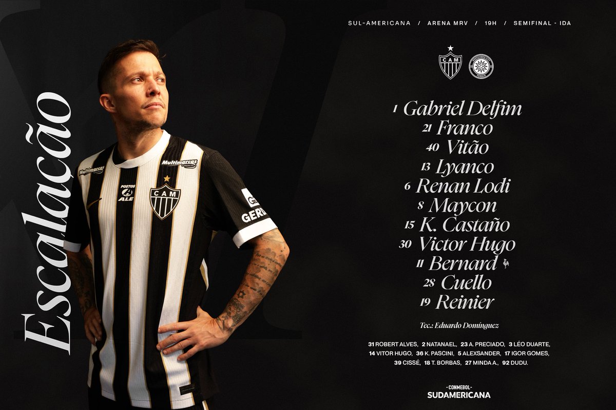 Atletico's tweet photo. 📋 GALO ESCALADO! Veja a nossa escalação para enfrentar o Montevideo City Torque, na Arena MRV, no jogo de ida da semifinal da Copa Sul-Americana!

📺 ESPN e Disney+ 

#VamoGalo #CAMxMCT 🏴🏳️ https://t.co/RuCqdZZcNX