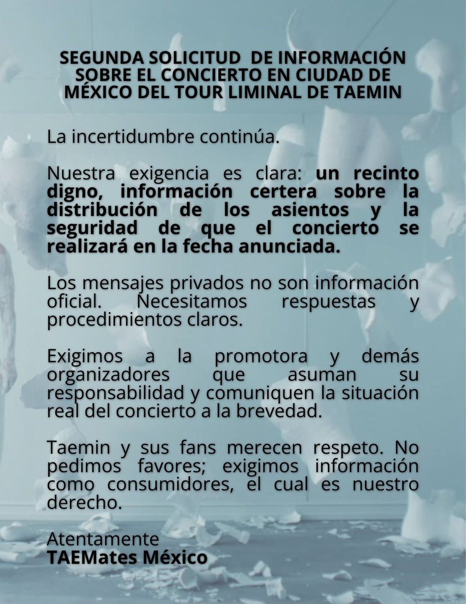 aleafsheep's tweet photo. Seguimos SIN recinto para el concierto de #TAEMIN en CDMX a solo 16 días. ¡Merecemos respuestas y RESPETO AL ARTISTA!

🚨KLIVEMX
Playmaker Group
@ZepedaBros
@Tixr_
@AtencionProfeco
@Profeco 

#RespectTAEMates
#Claridad_Liminal_TAEMIN_CDMX
#LaInformaciónEsUnDerecho https://t.co/T7fWPOqSrg