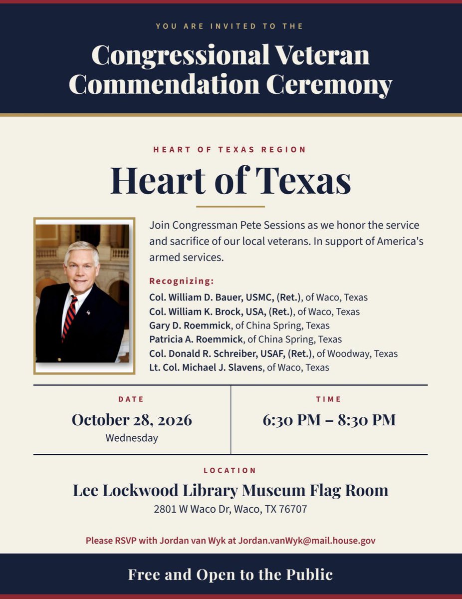 A formal invitation flyer for a Congressional Veteran Commendation Ceremony in the Heart of Texas region. It features a portrait of a man, event details, and navy, cream, gold, and red design elements. Text appears throughout.