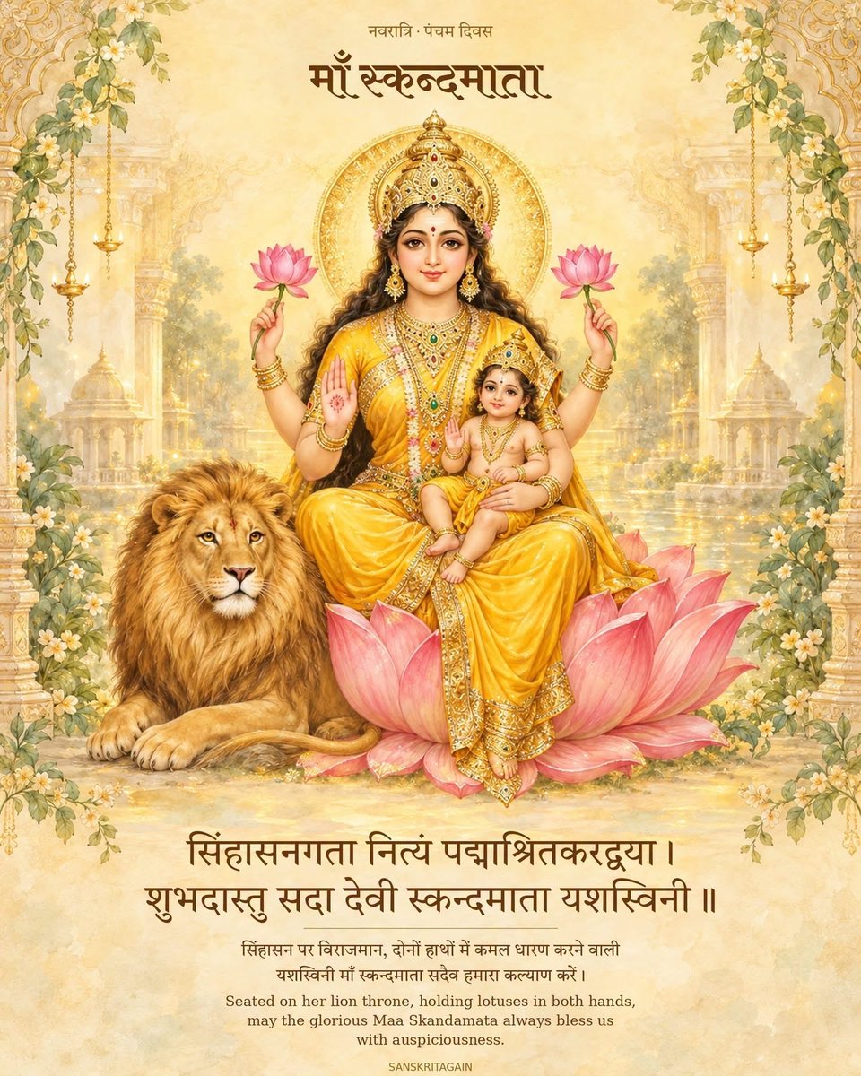 arun1935arun's tweet photo. Day 5 - Maa Skandamata 🌼

The divine mother of Lord Kartikeya, seated on her lion, blessing every devotee with wisdom, purity and strength. On the fifth day of Navratri, may Maa Skandamata fill your home with peace and prosperity.

Jai Mata Di! https://t.co/LxtVhZDhDs