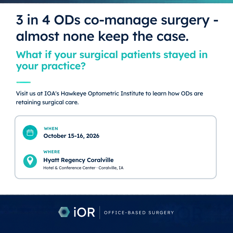 IorPartners's tweet photo. 3 in 4 ODs already co-manage surgery. Almost none keep the case. What if the surgical patients in your chair stayed in your practice?
Optometrists have discovered a way to keep the entire care journey inside their practice for more cohesive patient care.
#IowaOptometry #OBS https://t.co/qNcekQhRl7