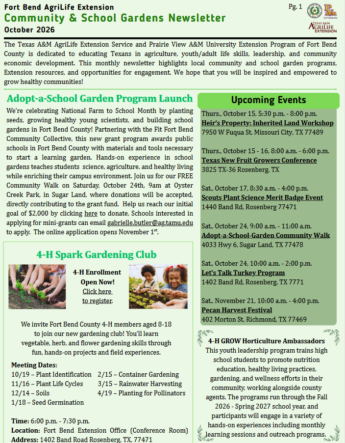 catwrite's tweet photo. Are you interested in opportunities to garden in your community? With the help of the Fort Bend Community Task Force, you can have access to free resources to get a community garden started. Contact 281-633-7006/Gabrielle.Butler@ag.tamu.edu https://t.co/HHs0asJneQ