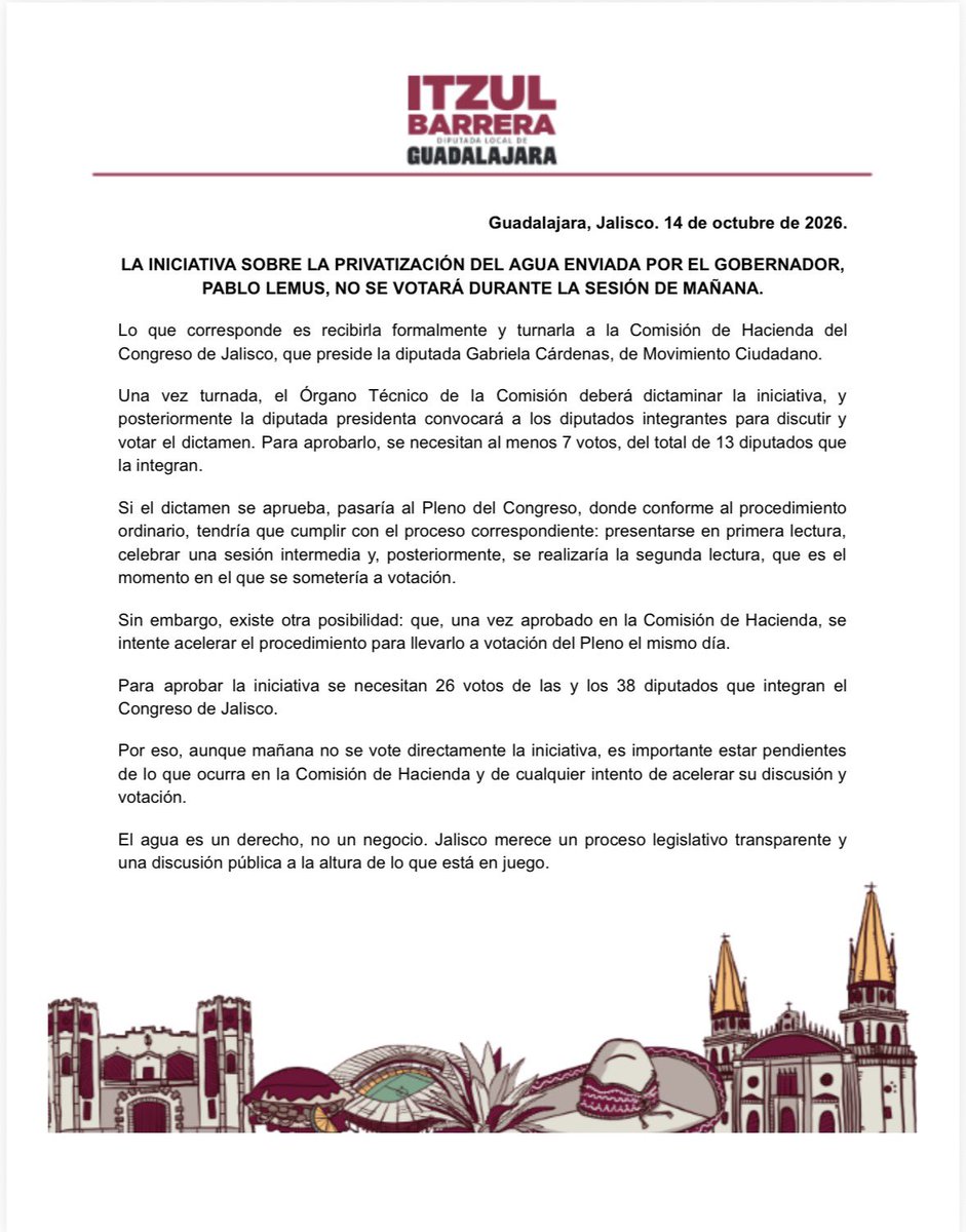 itzulBarrera's tweet photo. Información importante sobre la iniciativa del gobernador Pablo Lemus relacionada con la privatización del agua y su discusión en el Congreso de Jalisco.

Nota: la única manera de que se vote mañana es que hubiera una operación fast track para que mañana mismo sesione Comisión de Hacienda y se haga un estrechamiento de términos, lo cual es muy poco probable.