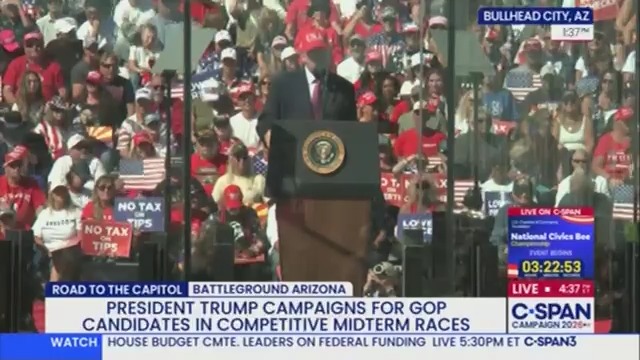 President Trump speaks at a podium before a crowd of supporters wearing red hats and holding "NO TAX TIPS" signs during a rally in Bullhead City, AZ, covered by C-SPAN as part of "Road to the Capitol: Battleground Arizona."