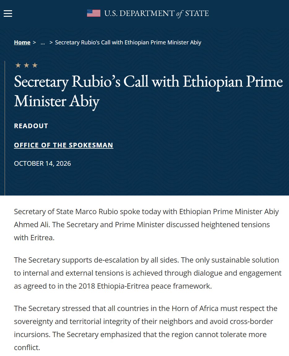 gdrarr's tweet photo. 🎭 Spin vs. Reality: Washington Confronts Addis Ababa’s Maritime Distraction 🇪🇷 🇺🇸 🇪🇹

For three years, the regime in Addis Ababa has pushed an aggressive campaign for "sea access"—a transparent diplomatic cover for territorial encroachment against sovereign Eritrean ports and coastlines.

When domestic crises peak, the Prosperity Party (PP) apparatus leans into PR distortion. The stark contrast between Prime Minister Abiy Ahmed’s framing of his call with US Secretary of State Marco Rubio and the official State Department readout reveals the persistent gap between rhetoric and policy reality.

🔍 Anatomy of a Diplomatic Deflection

🔴 The Domestic PR Spin: Abiy took to X presenting the high-level engagement as a broad, cordial discussion of "bilateral cooperation" and "US support," attempting to signal uncritical international backing while facing mounting internal resistance. 📱❌

🟡 The Direct US Readout: Secretary Rubio’s official statement cut through the narrative: Washington explicitly addressed heightened tensions with Eritrea, mandated strict adherence to the 2018 peace framework, and delivered a direct warning that all states must respect the sovereignty and territorial integrity of neighbors and avoid cross-border incursions. 🛑📜

🟣 "Sea Access" as an Escalation Vector: The obsession with capturing sovereign ports like Assab is an existential distraction from the armed resistance across Amhara, Tigray, and Oromia. The attempt to manufacture an external war to rescue internal authority has stalled. ⚓⚠️

🟢 Washington Draws the Red Line: Coming off the heels of the US rescinding unilateral sanctions on Asmara and engaging directly with Eritrean leadership, Rubio’s warning signals zero tolerance for regional escalation or violations of international borders. 🇺🇸🛡️

💡 Geopolitical Takeaway

"A leader who writes his own victories in tweets cannot erase the terms delivered in closed-door diplomacy."

The message from Washington, Cairo, Mogadishu, and Asmara remains aligned: borders are inviolable, littoral sovereignty is non-negotiable, and domestic crises cannot be exported across regional coastlines. 🕊️⚡

#HornOfAfrica #Eritrea #Ethiopia #MarcoRubio #USForeignPolicy #StateDepartment #RedSeaSecurity #Geopolitics #SovereigntyFirst #Assab