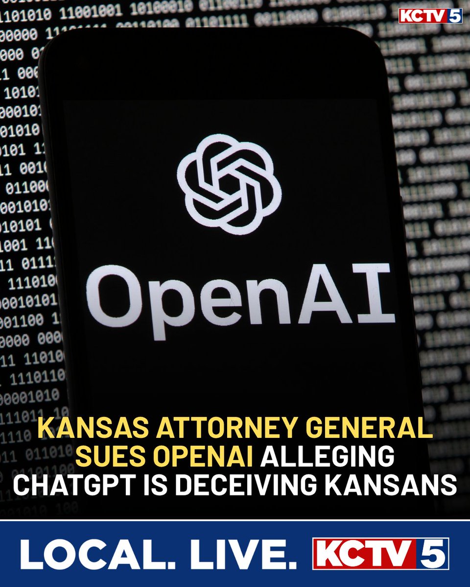 KCTV5's tweet photo. NEW: Kansas AG Kris Kobach announces lawsuit against OpenAI, alleging misleading practices around ChatGPT's safety

MORE >>> https://t.co/3GKiD4ghuh https://t.co/rP6QSDQtVz