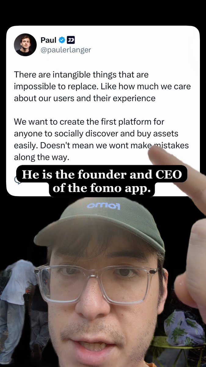 A screenshot of a tweet from Paul (@paulerlanger) about caring for users and creating a platform for discovering and buying assets, displayed above a young man wearing a green 'fomo' cap and glasses. Overlay text identifies him as the founder and CEO of the fomo app.