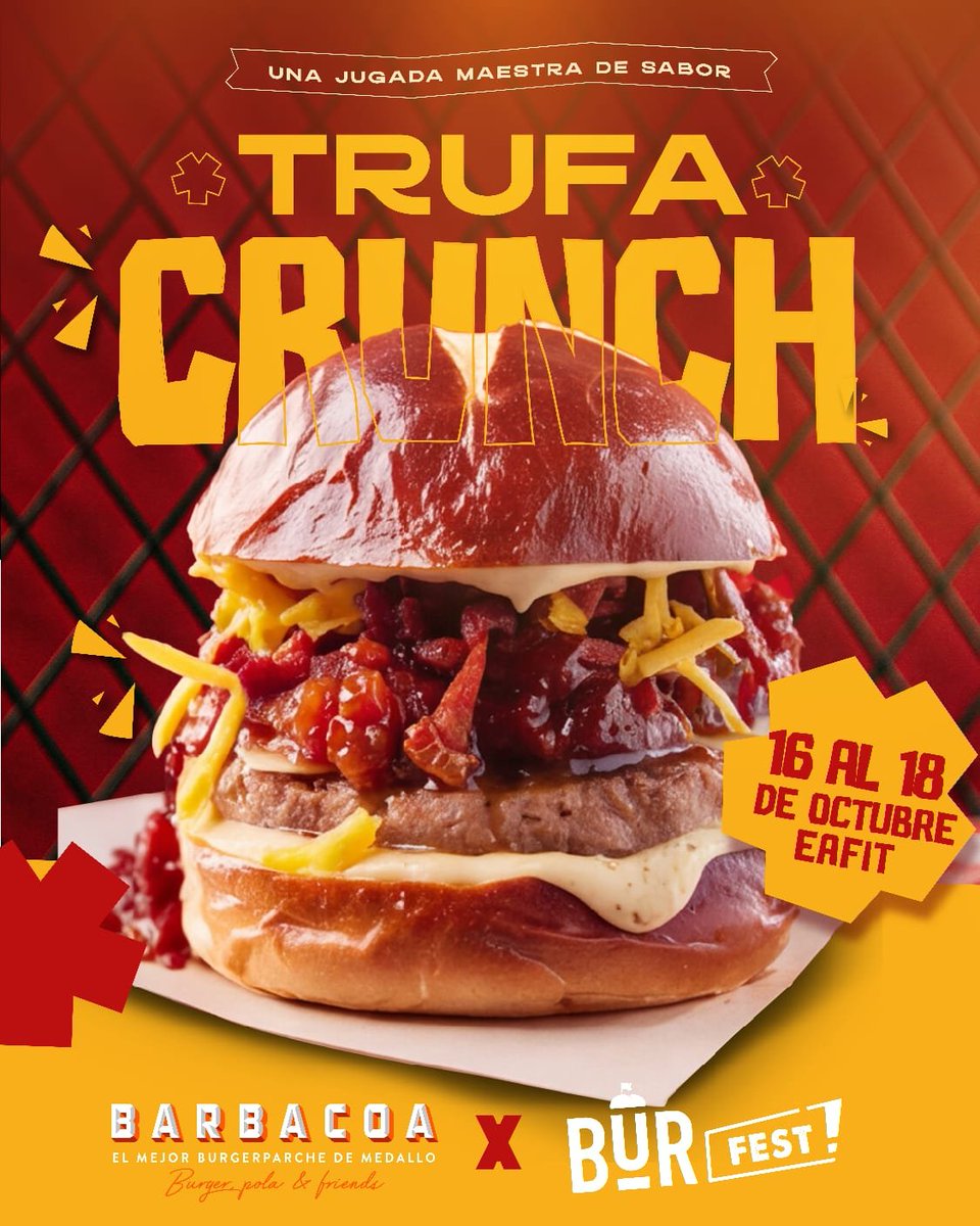 barbacoaOficial's tweet photo. 🍔🔥 TRUFA CRUNCH, LA JUGADA MÁS BARBACOA!
Así llega nuestra TRUFA CRUNCH a BurFest: una combinación de sabores, texturas y mucho crunch que tenés que probar. 👀🔥

📍 EAFIT
📅 Del 16 al 18 de octubre

#Barbacoa #BurFest2026 #TrufaCrunch #BurgersMedellín #BurgerLovers https://t.co/zAjTa0Rvnf