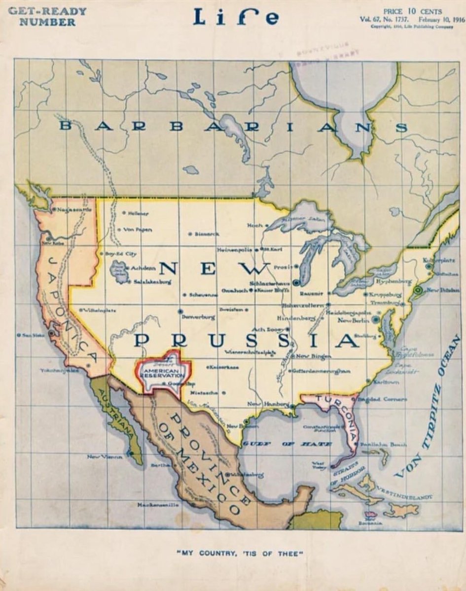 Cuauhtemoc_1521's tweet photo. Cuando California iba a ser Japonica, y Florida Turconia después de la victoria alemana durante la Primera Guerra Mundial. Fue la portada del 10-02-1916 de la revista LIFE, donde se presionaba a los EEUU a intervenir en el conflicto europeo de 1914-1918. Así pudo ser la historia…