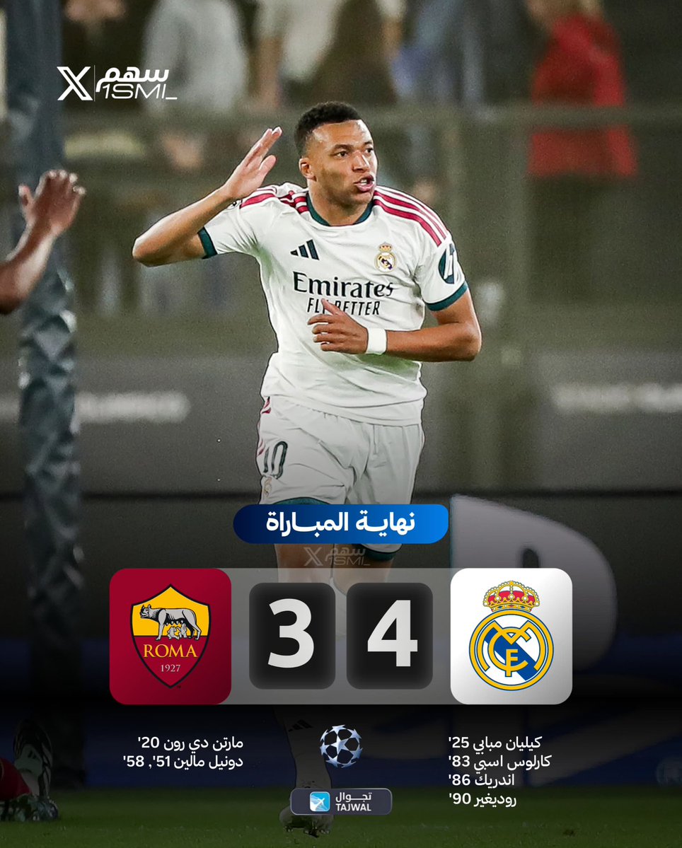 1SMi_'s tweet photo. 🚨 — نهاية المباراة:

ريال مدريد 4-3 روما

— سيناريو تاريخي!!!! احد اجمل مباريات الابطال!🤯🤍 https://t.co/YG4JH30EH0