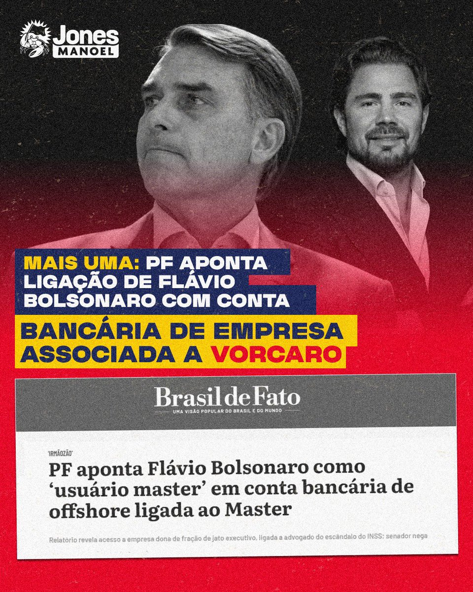 jonesmanoel_PE's tweet photo. Mais uma revelação gravíssima sobre Flávio Bolsonaro e Daniel Vorcaro! Um relatório da Polícia Federal aponta que o candidato à Presidência aparecia como “usuário master” de uma conta bancária da Alcazar Holdings, empresa offshore sediada em Portugal e administrada pelo advogado Willer Tomaz, investigado no escândalo dos descontos indevidos do INSS.

A empresa também era dona de parte de um jatinho utilizado por Flávio Bolsonaro e ligado a Daniel Vorcaro. A situação é gravíssima. É preciso explicar por que um candidato à Presidência aparece vinculado a uma conta bancária de uma empresa ligada a pessoas investigadas por fraudes que atingiram aposentados e pensionistas brasileiros. 

Se você é contra a bandidagem e a corrupção, fique em alerta. Candidato ligado à milícia, à rachadinha, a cargo fantasma, a bandido que tira dinheiro de idosos e pensionistas não pode chegar à Presidência pra afundar o Brasil e o povo brasileiro.