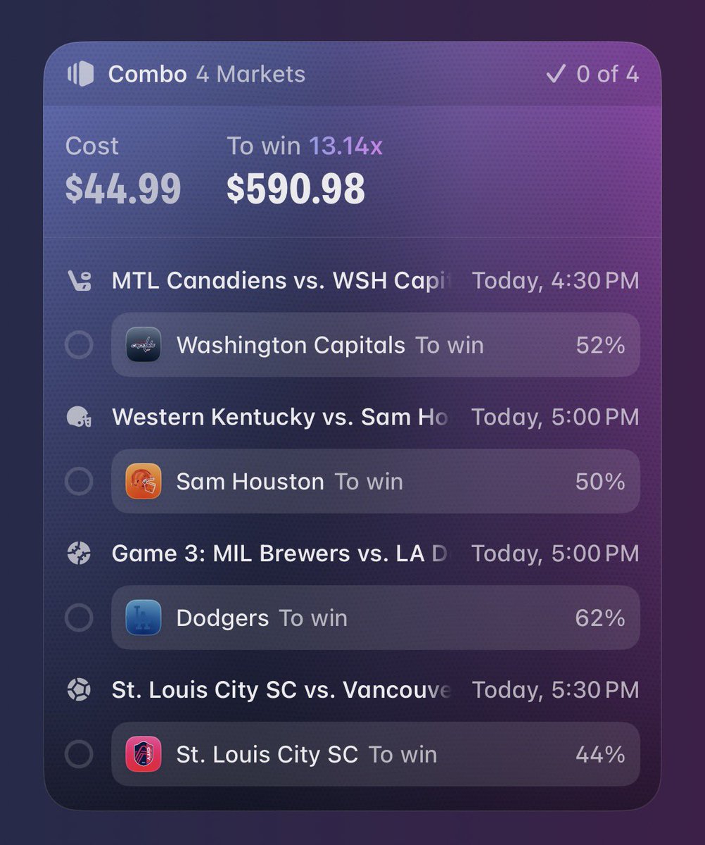 3FingeredGuru's tweet photo. Polymarket 4 piece combo

Washington Capitals ML 🏒 
Sam Houston ML 🏈 
Dodgers ML ⚾️ 
St. Louis City ML ⚽️ https://t.co/BUJiED30tT
