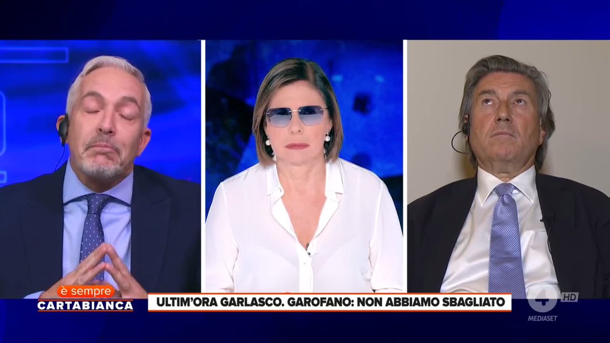 A split-screen Italian TV broadcast from Cartabianca on Canale 5 shows three commentators, with the chyron reading "ULTIM'ORA GARLASCO. GAROFANO: NON ABBIAMO SBAGLIATO".