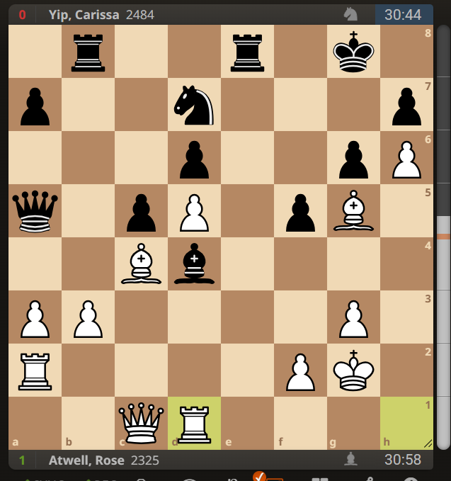 atwell_rose's tweet photo. Today I played IM Carissa Yip in round 5 of US Champs.  And I won!  Below she played Kf7 which is a mistake after b4 Qa4 Rxd4 cxd4 Qf4, the exchange sac was important to further weaken her dark squares. After this white is objectively winning. https://t.co/dcZjzvprpP