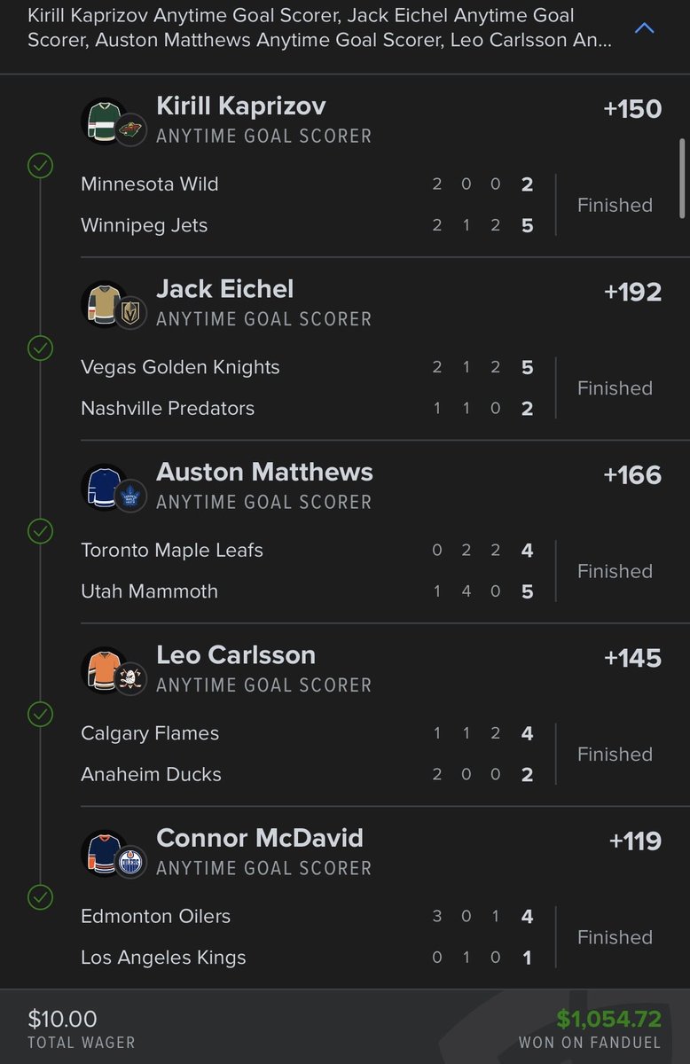 RedMambaLocks's tweet photo. NHL 5 leg goal scorer lay +10447

#NHL #kaprizoz #eichel #matthews #carlsson #mcdavid https://t.co/H0nhmLBN5s