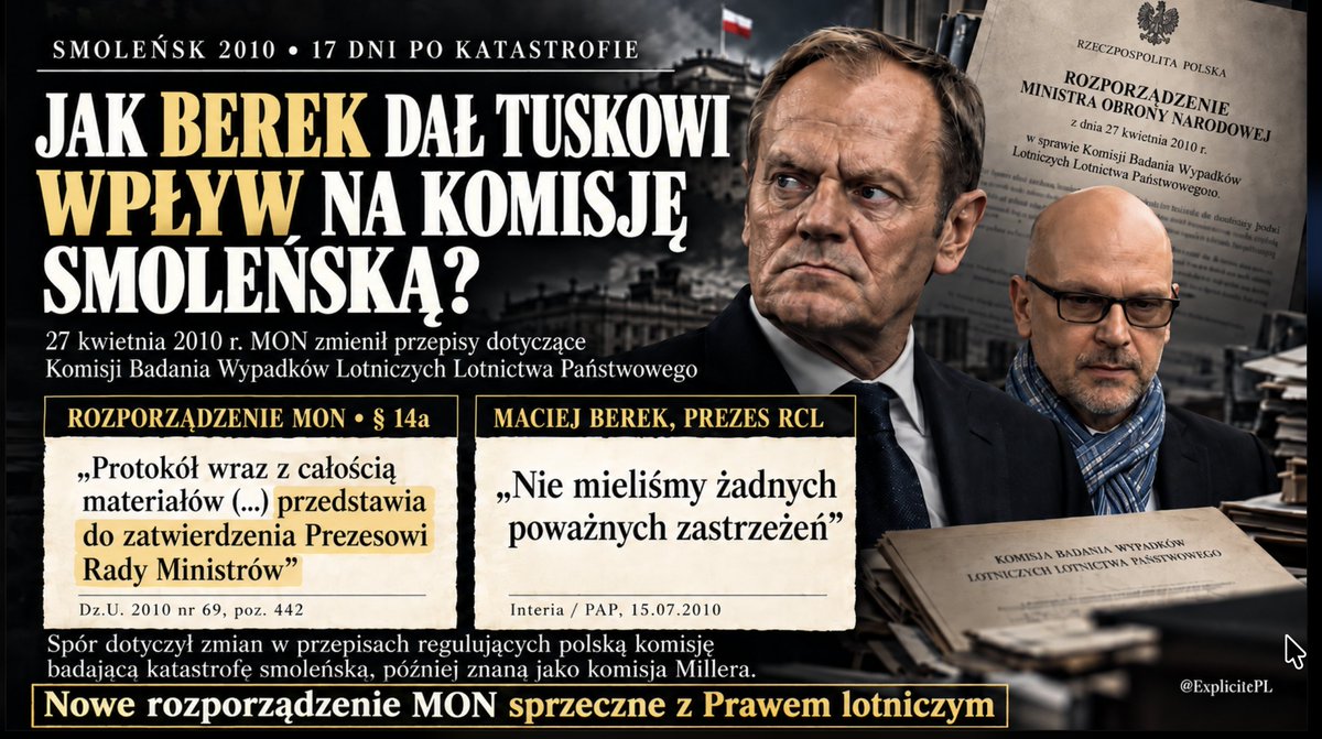 ExplicitePL's tweet photo. 27 kwietnia 2010 r., zaledwie 17 dni po katastrofie Tu-154M, minister obrony Bogdan Klich zmienił rozporządzenie regulujące działalność polskiej Komisji Badania Wypadków Lotniczych Lotnictwa Państwowego, później znanej jako komisja Millera.

Nowe przepisy przyznały  Donaldowi Tuskowi prawo uzgadniania składu komisji, zatwierdzania protokołu z jej prac, a nawet decydowania o udzielaniu informacji o przebiegu i wynikach badania katastrofy!

W lipcu 2010 r. Biuro Analiz Sejmowych wskazało, że część tych przepisów jest SPRZECZNA Z PRAWEM LOTNICZYM.
A co na to Maciej Berek, ówczesny prezes Rządowego Centrum Legislacji, które analizowało rozporządzenie?
„Nie mieliśmy żadnych poważnych zastrzeżeń”.
Przypomnijmy: komisją kierował Jerzy Miller, minister spraw wewnętrznych w rządzie Tuska.