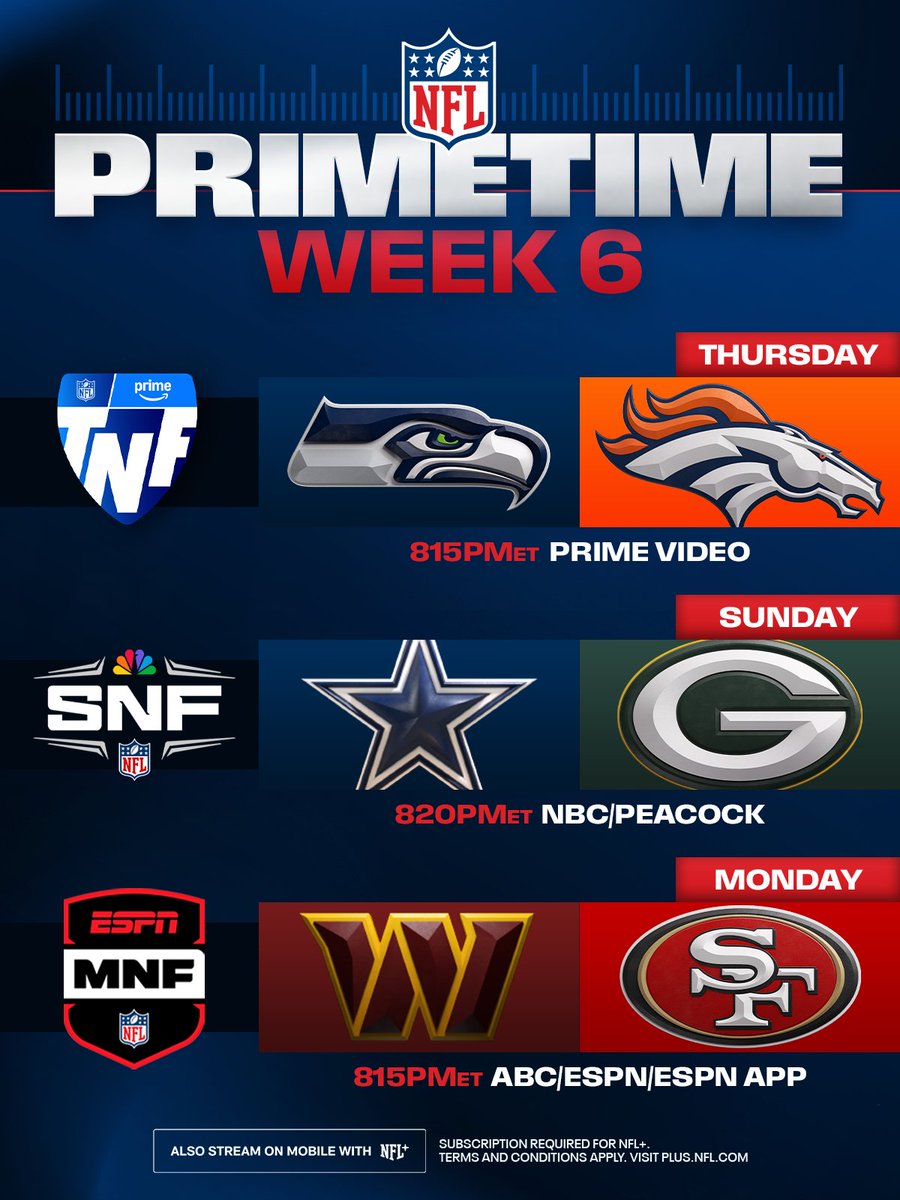 NFL's tweet photo. Your primetime lineup for Week 6️⃣ https://t.co/mAt1xR9s4V