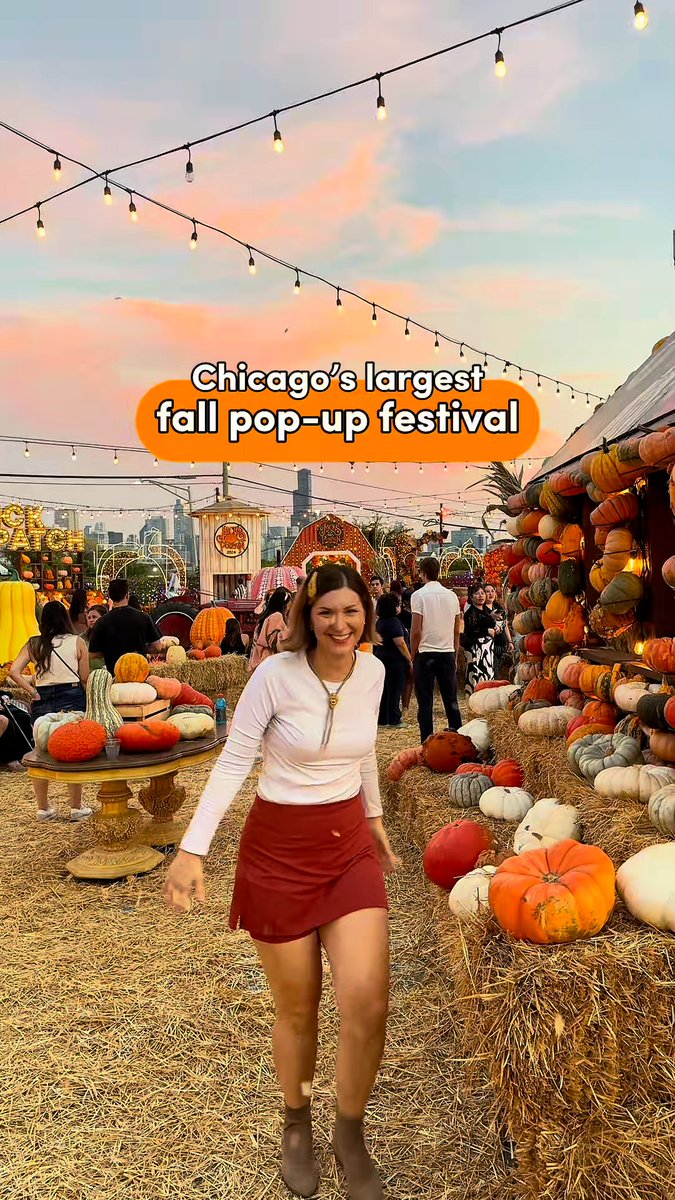 A smiling young woman stands at an outdoor fall festival with pumpkins, hay bales, and string lights, with text reading 'Chicago's largest fall pop-up festival'.