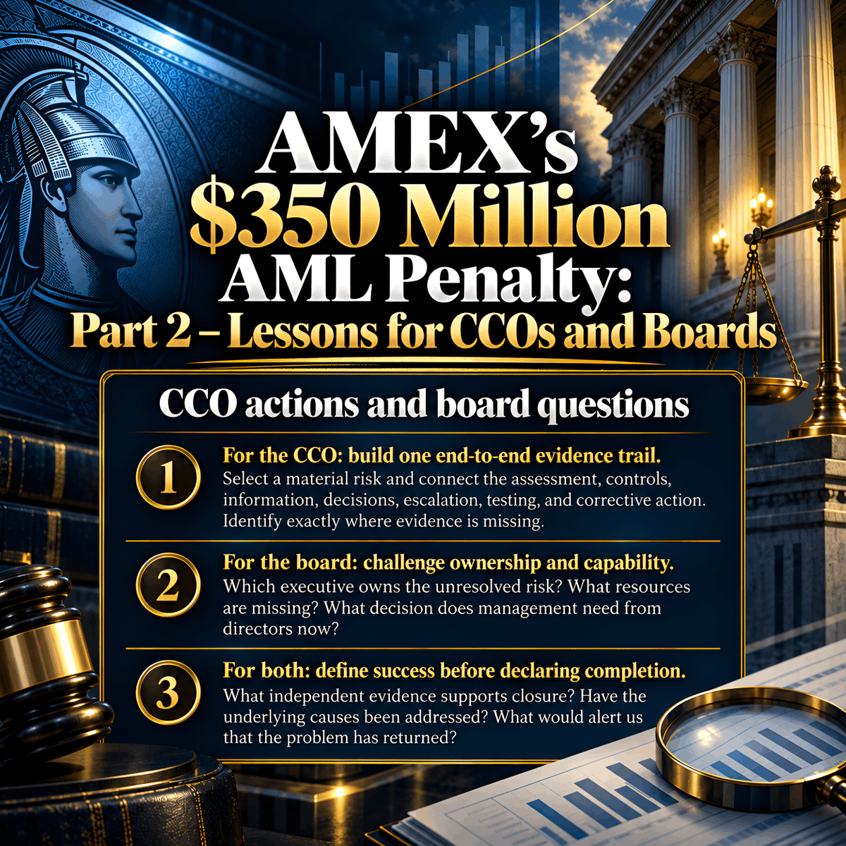 tfoxlaw's tweet photo. Completing a task ≠ fixing the risk. AMEX’s $350M penalty shows why boards must demand evidence, not timelines.
Read how to close that gap & subscribe 👉 https://t.co/GEzFvvfziJ #Compliance #BSAAML #GovRisk https://t.co/98ZdxThGtZ