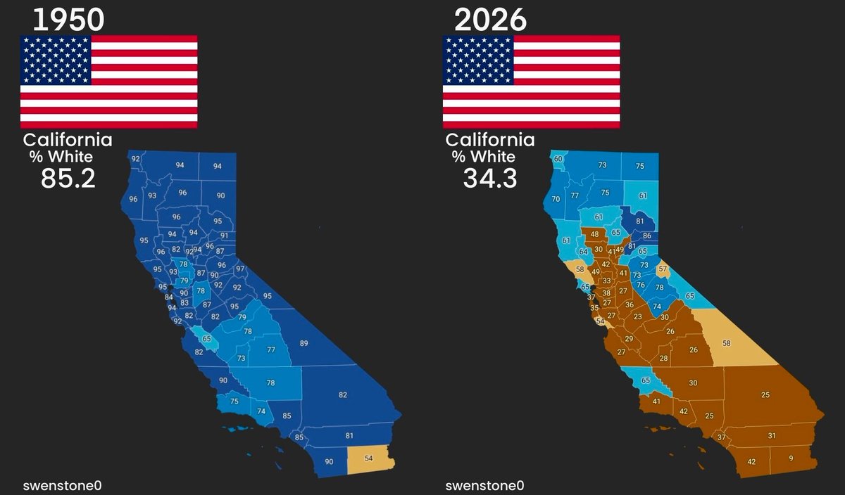 MarioNawfal's tweet photo. 🇺🇸 California has undergone one of the most DRAMATIC demographic transformations in American history.

In 1950, 93.7% of California's population was classified as White by the U.S. Census Bureau. Today, just 32.5% identify as non-Hispanic White.

And we're talking about CALIFORNIA, America's most populous state, home to Silicon Valley, Hollywood, and an enormous share of the country's cultural and economic influence.

The bigger question is what parts of California's cultural heritage will survive another generation of change.

Source: @swenstone0 / Writer: Sol