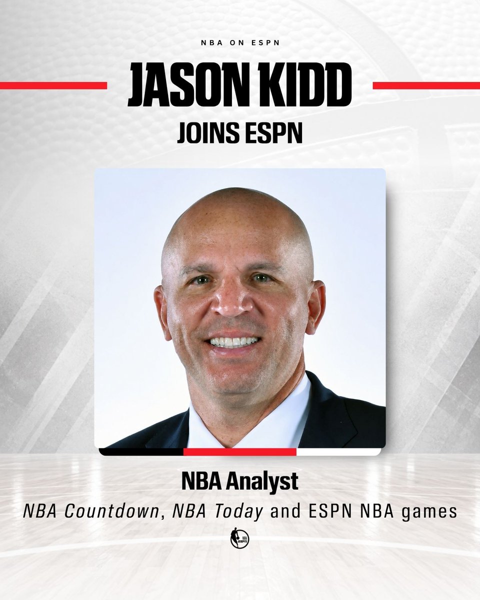 ESPNPR's tweet photo. Former #NBA Champion &amp; @Hoophall member Jason Kidd (@RealJasonKidd) joins @ESPNNBA as an analyst

🏀 Part of new-look NBA Countdown team
🏀 Will serve as game analyst for select games

Details: https://t.co/mJkC35eQUb https://t.co/EHXhNjMUAV
