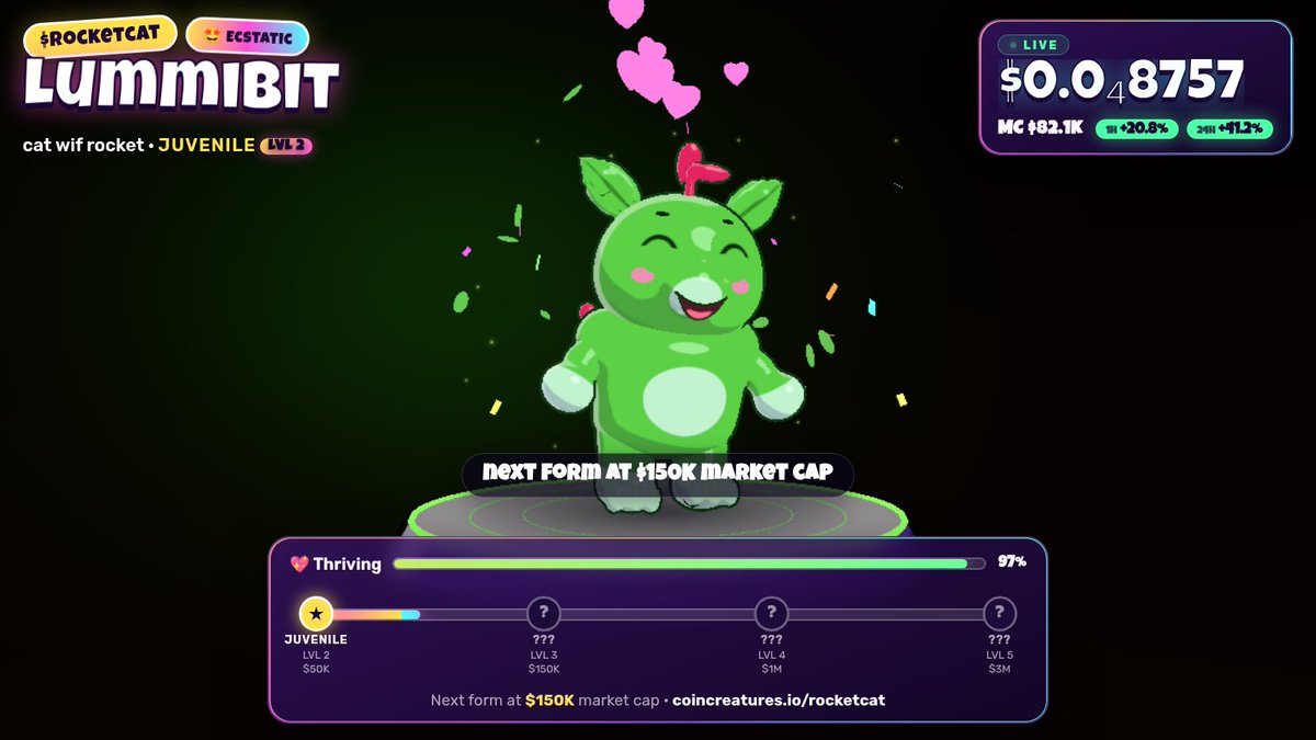 CoinCreaturesHQ's tweet photo. @CatWifRocket $ROCKETCAT has its own creature 👀

Meet Lummibit, a LVL 2 Juvenile. It evolves live with the market cap.

https://t.co/ZO55j9E3hl https://t.co/i15dkWGLRG