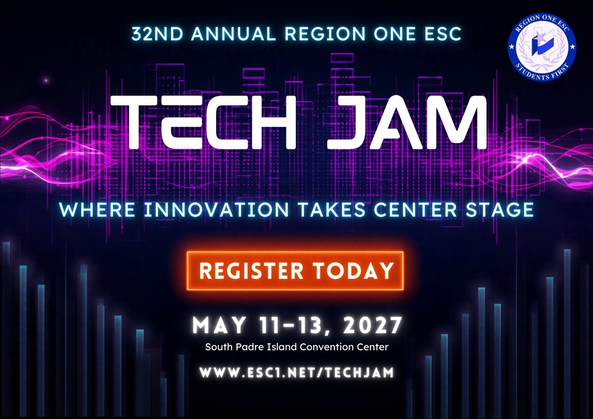 RegionOneESC's tweet photo. Classroom innovation takes center stage at Tech Jam! 🎸💻 The 32nd Annual Region One ESC Tech Jam heads to South Padre Island May 11–13, 2027! 

Register now: https://t.co/HNulvTIaGr https://t.co/tM2WPpE8S9