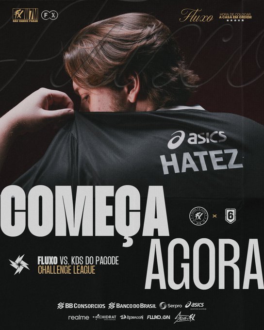 Esports promotional poster for 'Fluxo vs KDS do Pagode Challenge League' featuring player 'HATEZ' in an ASICS jersey, with text 'COMEÇA AGORA' (Starts Now).