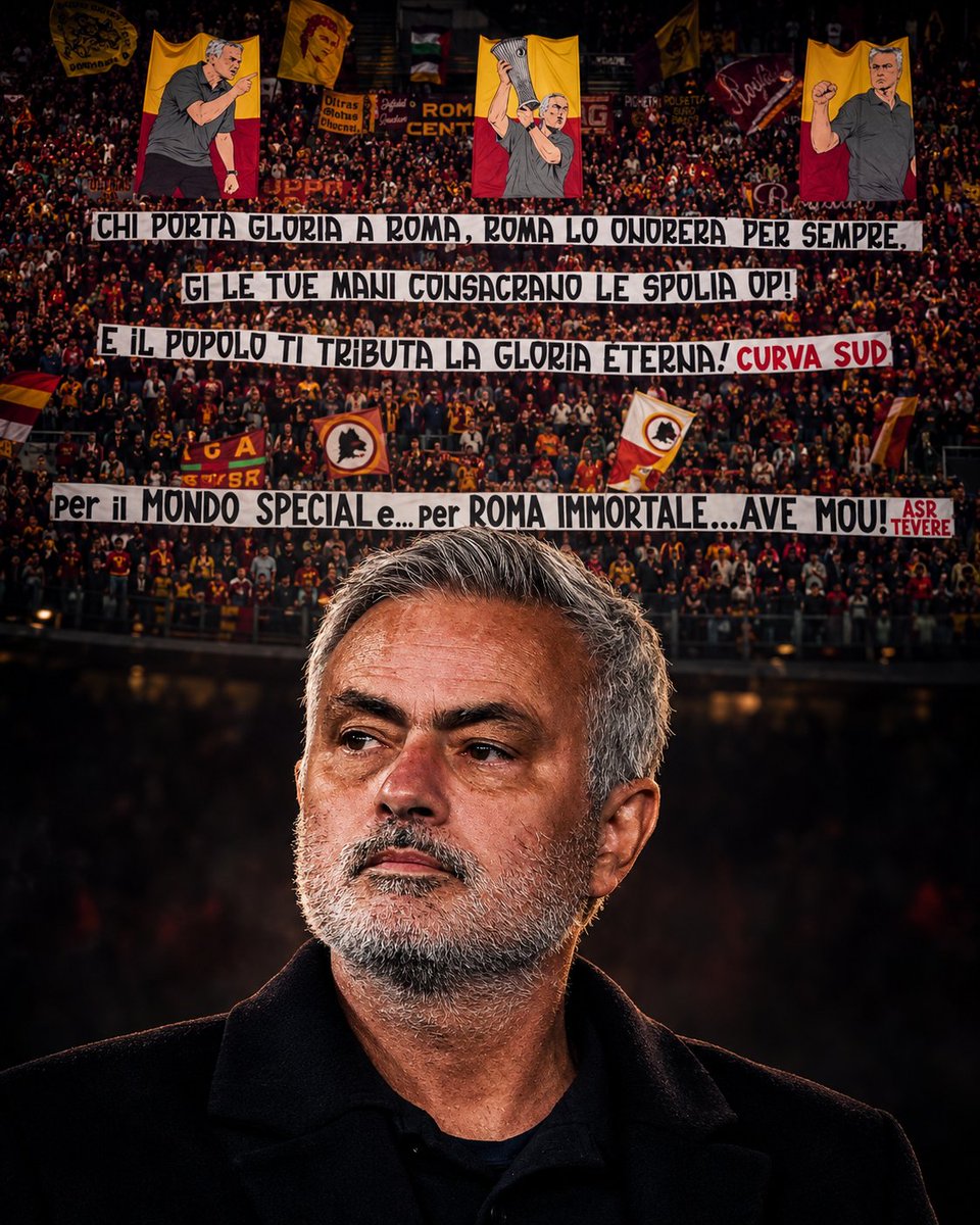 idextratime's tweet photo. Sambutan dari ultras Roma untuk mantan pelatih mereka, José Mourinho yang kembali ke Olimpico :

"Siapapun yang membawa kejayaan bagi Roma, akan selamanya dihormati oleh Roma. Tanganmu mempersembahkan hasil kemenangan yang berlimpah, dan rakyat menganugerahkan kejayaan abadi kepadamu!"

"Untuk The Special One, untuk Roma yang abadi, Hidup Mou!"