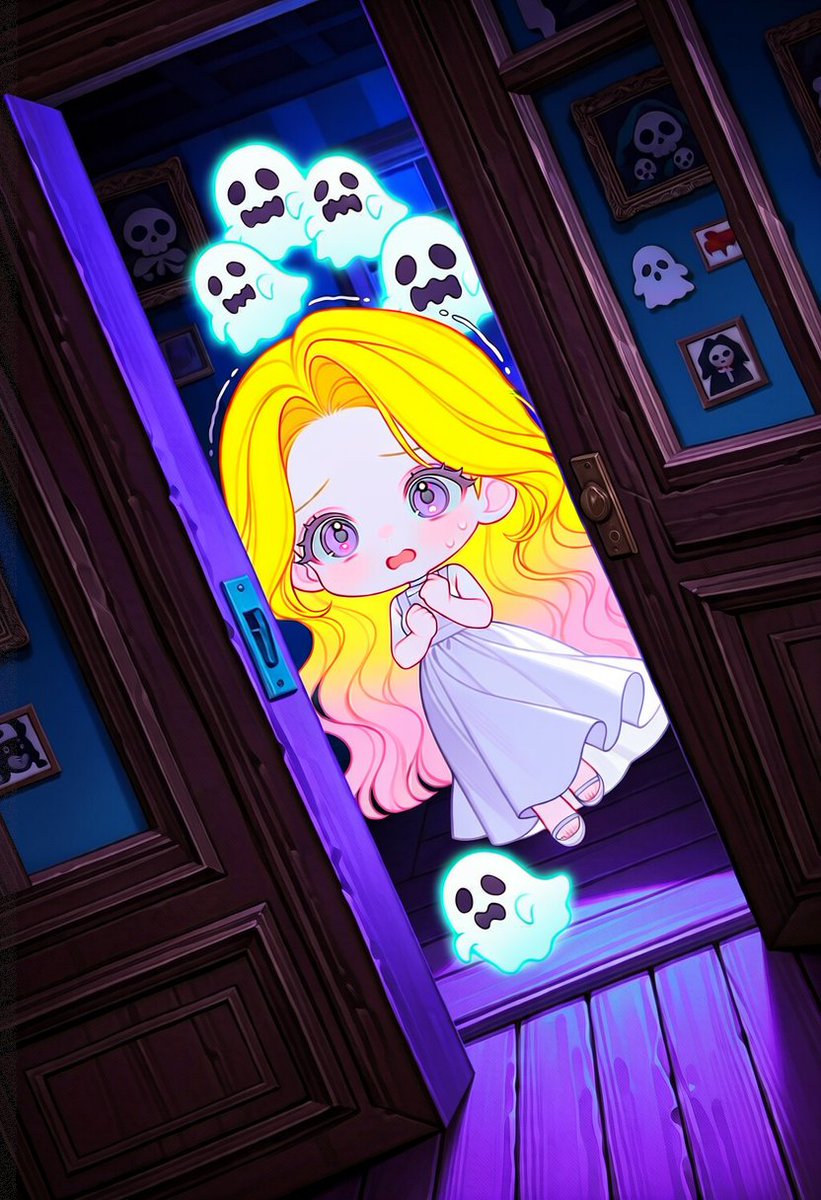 _H_HK_'s tweet photo. 프롬 공유 ｜누... 누구세여...

v4.5 / v5f
수정 가능

5::chibi, chibi only::,cute,

peeking out nervously from a half-open wooden doorway in a dark haunted house at night, gripping the door frame with one hand, the other hand clutched to her chest, wide frightened eyes, small open mouth, cold sweat, trembling,

surrounded by cute glowing cartoon ghosts with big black eyes and wavy open mouths, some floating behind her shoulders, some drifting up from below, little spooky portraits on the dark wall behind,

dutch angle, dynamic tilted composition, close-up framing through the door gap,

glowing neon purple and cyan lighting, ghosts emitting soft teal glow, deep violet shadows, flat vector-like anime illustration, clean simple shapes, soft gradients, cute spooky Halloween atmosphere