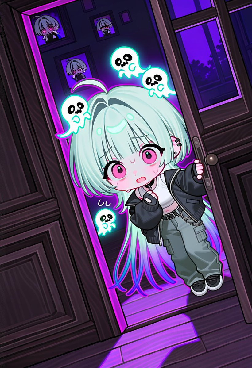 _H_HK_'s tweet photo. 프롬 공유 ｜누... 누구세여...

v4.5 / v5f
수정 가능

5::chibi, chibi only::,cute,

peeking out nervously from a half-open wooden doorway in a dark haunted house at night, gripping the door frame with one hand, the other hand clutched to her chest, wide frightened eyes, small open mouth, cold sweat, trembling,

surrounded by cute glowing cartoon ghosts with big black eyes and wavy open mouths, some floating behind her shoulders, some drifting up from below, little spooky portraits on the dark wall behind,

dutch angle, dynamic tilted composition, close-up framing through the door gap,

glowing neon purple and cyan lighting, ghosts emitting soft teal glow, deep violet shadows, flat vector-like anime illustration, clean simple shapes, soft gradients, cute spooky Halloween atmosphere