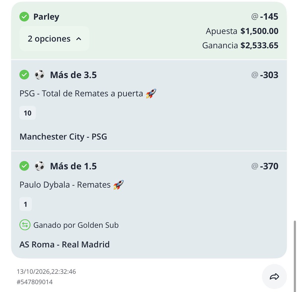 BernardoPicks's tweet photo. Día muy positivo de Champions con @AguilaPick y cobramos 4 de 6 collabs ✅✅✅

También cobramos la promo de @Draftea_Mexico y llevamos 3 consecutivas 💰 https://t.co/aNBF0EfHCm