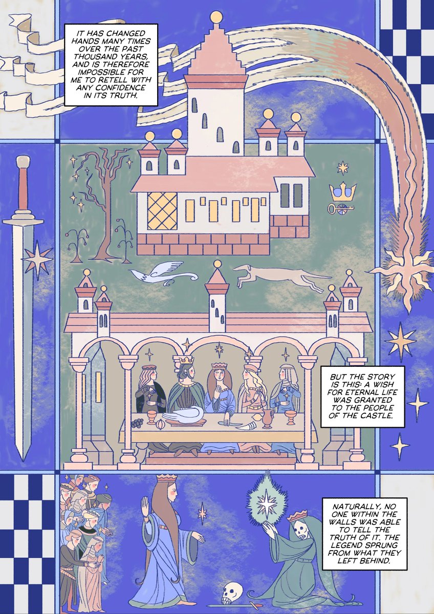 theo_plum's tweet photo. my gay fantasy romance comic about two scholars surveying an ancient cursed castle is out on itchio! here's the first 15/70 pages https://t.co/4e1IJJr9SE